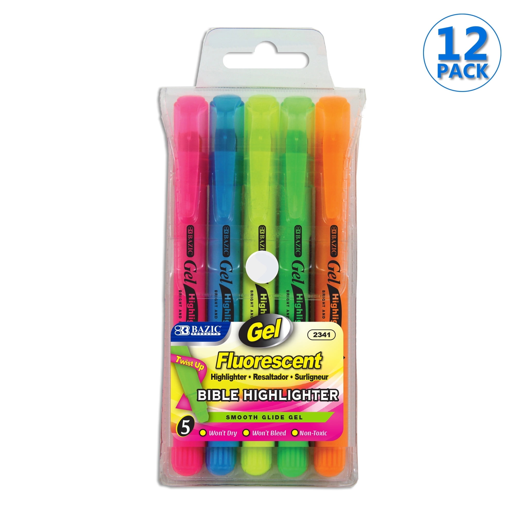 BAZIC Highlighter Gel Pen Neon Bible Highlighters Assorted Color (5/Pack), 12-Packs