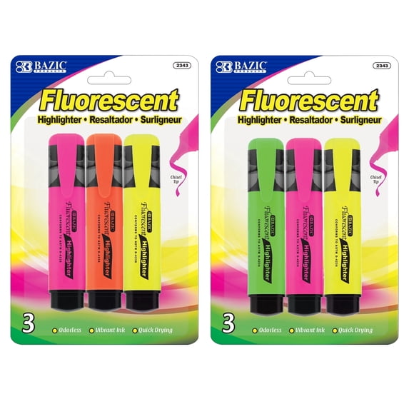 BAZIC Highlighter Marker Pen, Chisel Tip Liquid Marker (3/Pack), 2-Packs