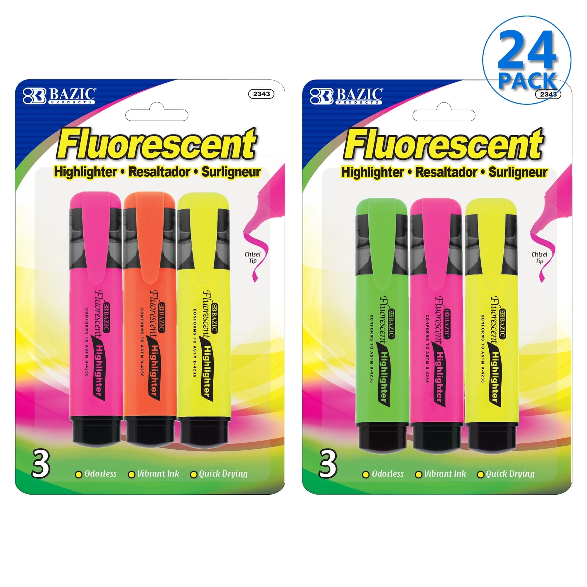 BAZIC Highlighter Marker Pen, Chisel Tip Liquid Marker (3/Pack), 24-Packs
