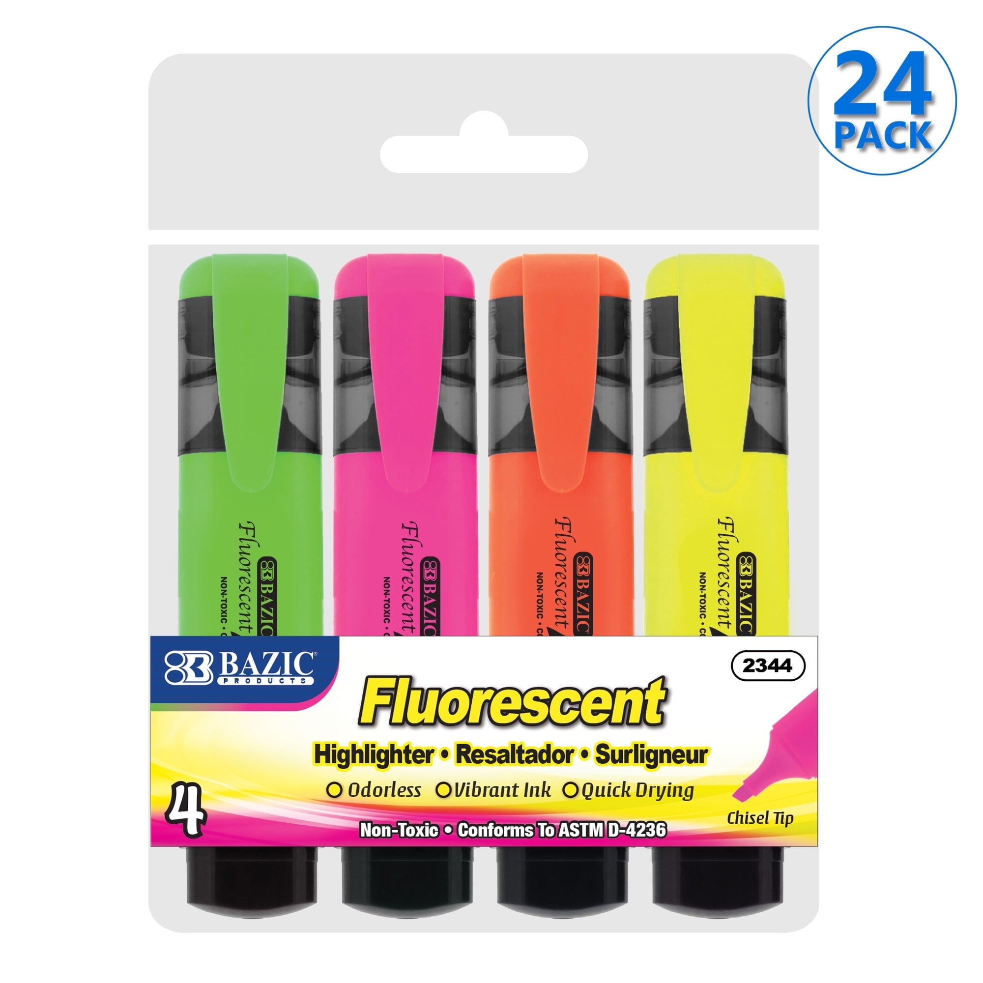 BAZIC Highlighter Marker Pen, Chisel Tip Liquid Marker (4/Pack), 24-Packs