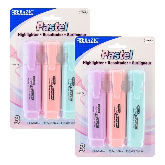 BAZIC Pastel Highlighters, Chisel Tip, Pocket Clip, 3 Count