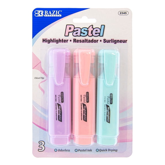BAZIC Highlighter Marker Pen, Pastel Color Chisel Tip Marker (3/Pack), 1-Pack