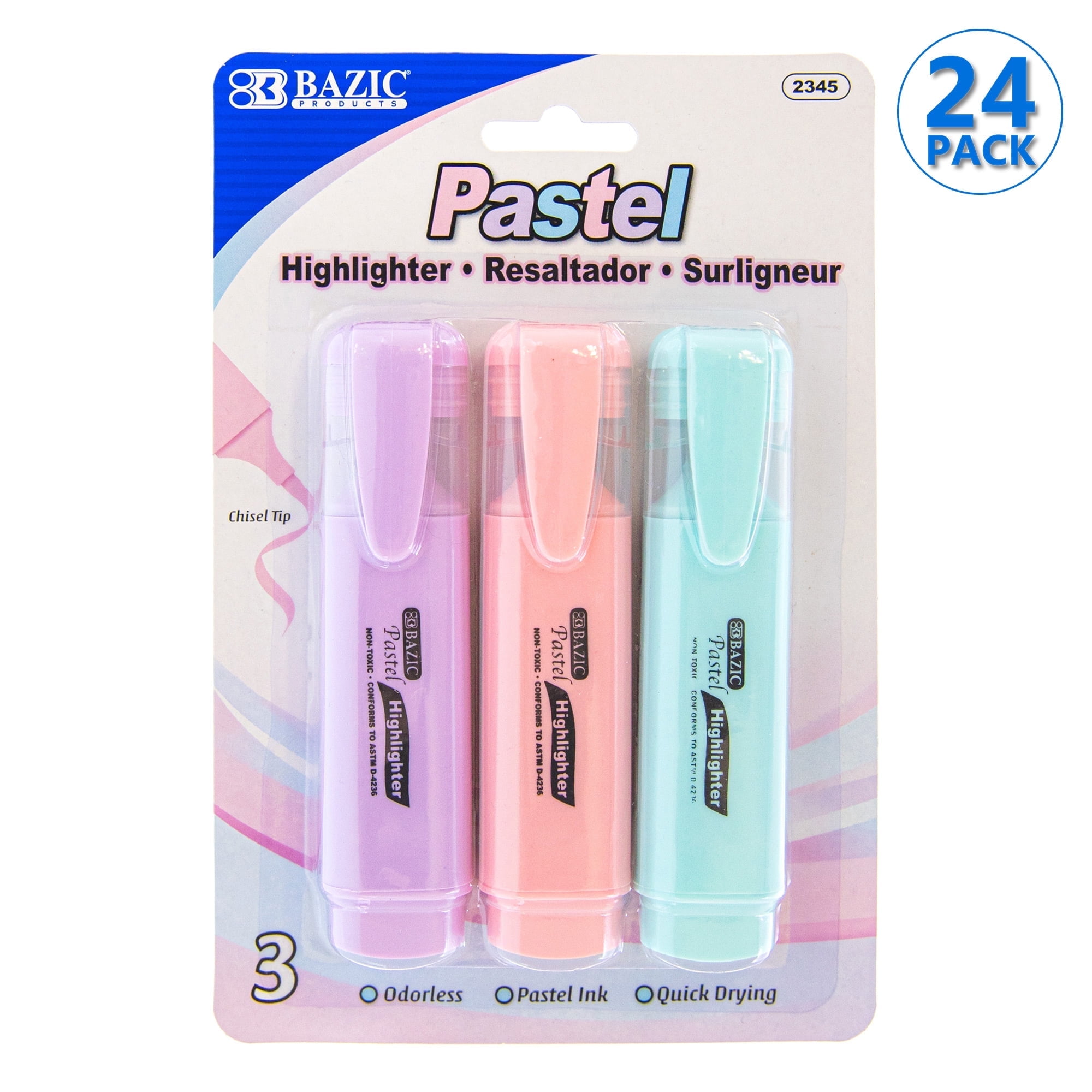BAZIC Highlighter Marker Pen, Pastel Color Chisel Tip Marker (3/Pack), 24-Packs