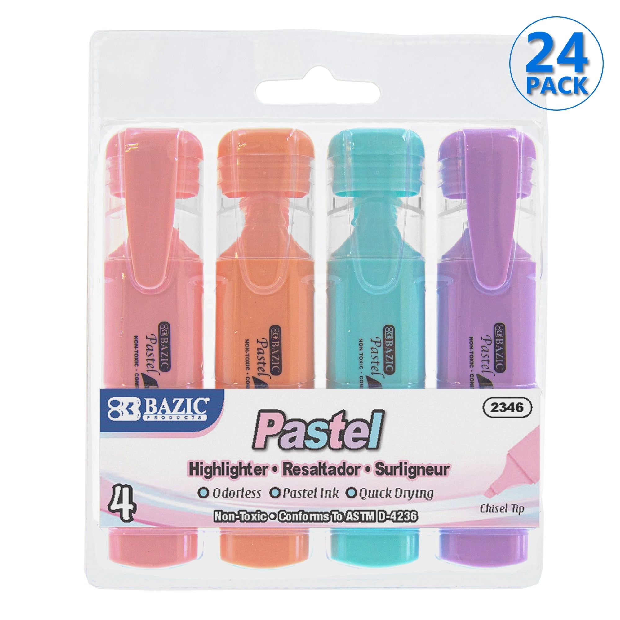 BAZIC Highlighter Marker Pen, Pastel Color Chisel Tip Marker (4/Pack), 24-Packs