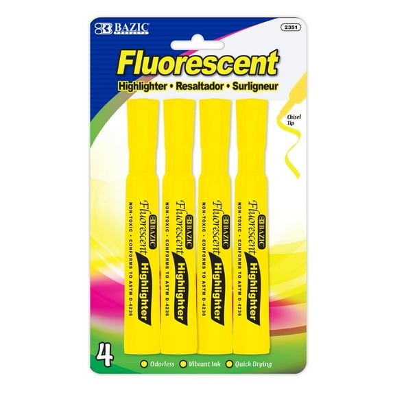 BAZIC Highlighter Yellow Color Desk Style, Chisel Tip, Unscented (4/Pack), 1-Pack