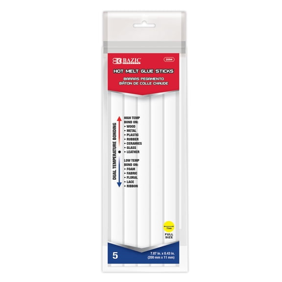 BAZIC Hot Melt Glue Sticks Dual Temp 7.87" x 0.43" (5/Pack), 1-Pack