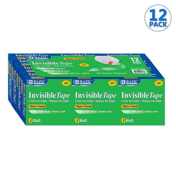 BAZIC Invisible Tape Refill, 3/4 In x 1296 In, 12 Ct