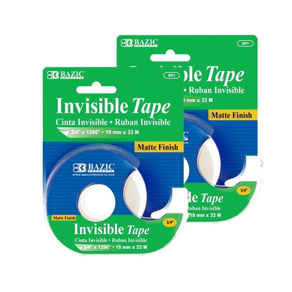 BAZIC Invisible Tape w/ Dispenser 3/4" X 1296", Matte Finish, 2-Pack