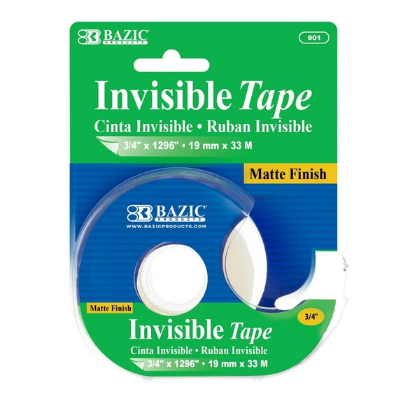 BAZIC Products Invisible Tape with Dispenser 3/4" X 1296", Matte Finish Magic Tape for Office, Gift Wrapping, Transparent for Arts, Crafts & More, 1 Roll, 1-Pack