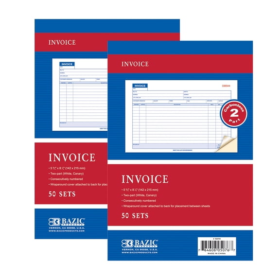 BAZIC Invoice Book, 50 Sets 5 9/16"x8 7/16" 2-Part Carbonless, 2-Pack