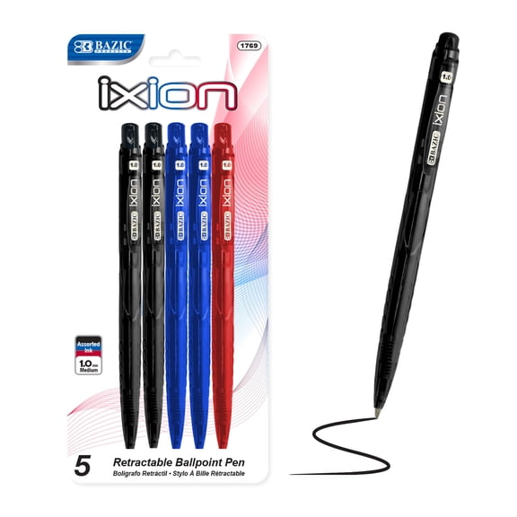 BAZIC Ixion Assorted Ink Retractable Ballpoint Pens, 1.0mm, 5 Ct