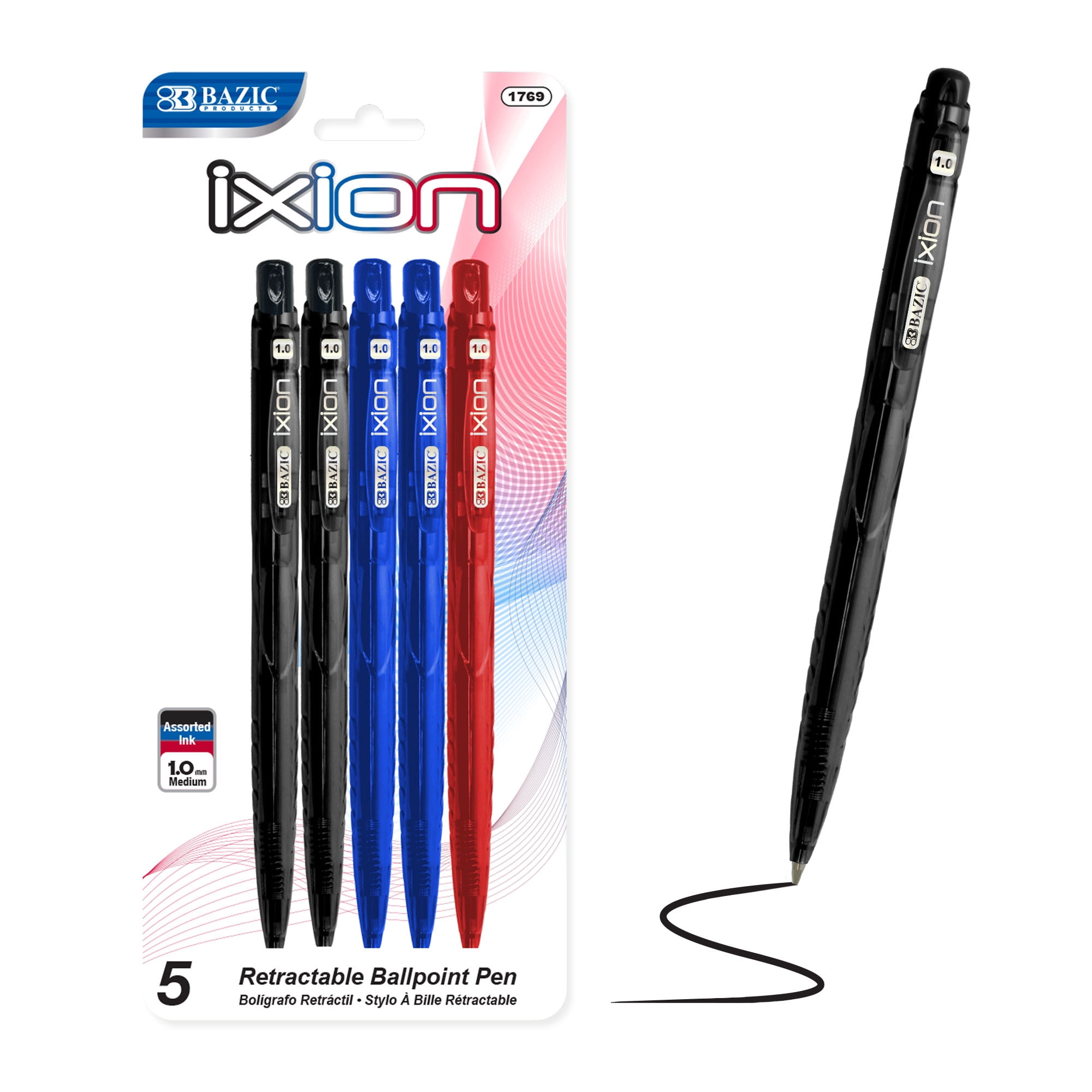 BAZIC Ixion Assorted Color Retractable Ballpoint Pens, 1.0mm (5/Pack), 24-Pack