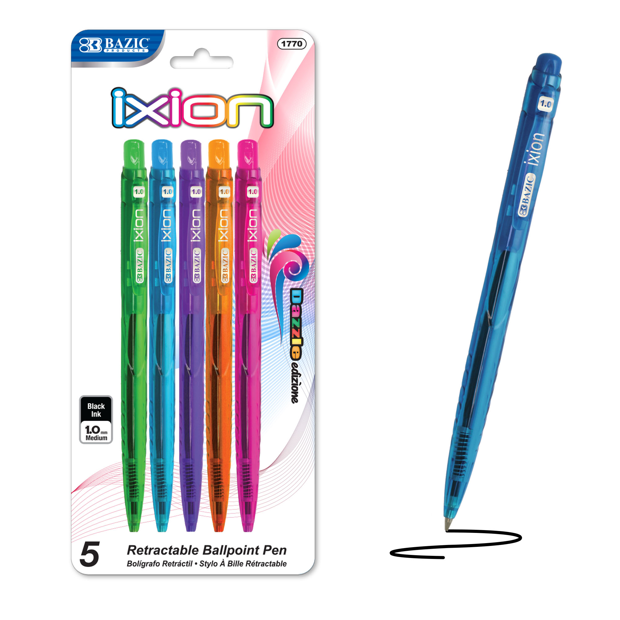 BAZIC Ixion Black Color Retractable Ballpoint Pens, 1.0mm (5/Pack), 24-Pack