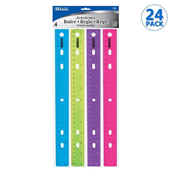 BAZIC 12 In Jeweltones Color Ruler, Inch & Metric, 4 Pack