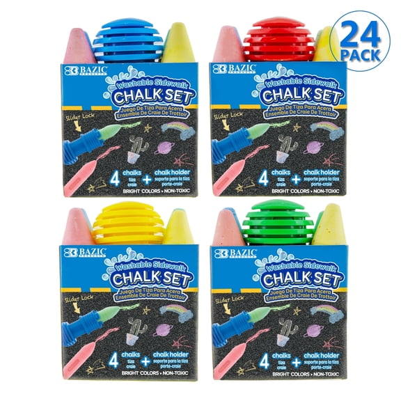 BAZIC Jumbo Sidewalk Chalks + 1 Holders, 4 Colors Chalks for Outdoor, 24-Packs