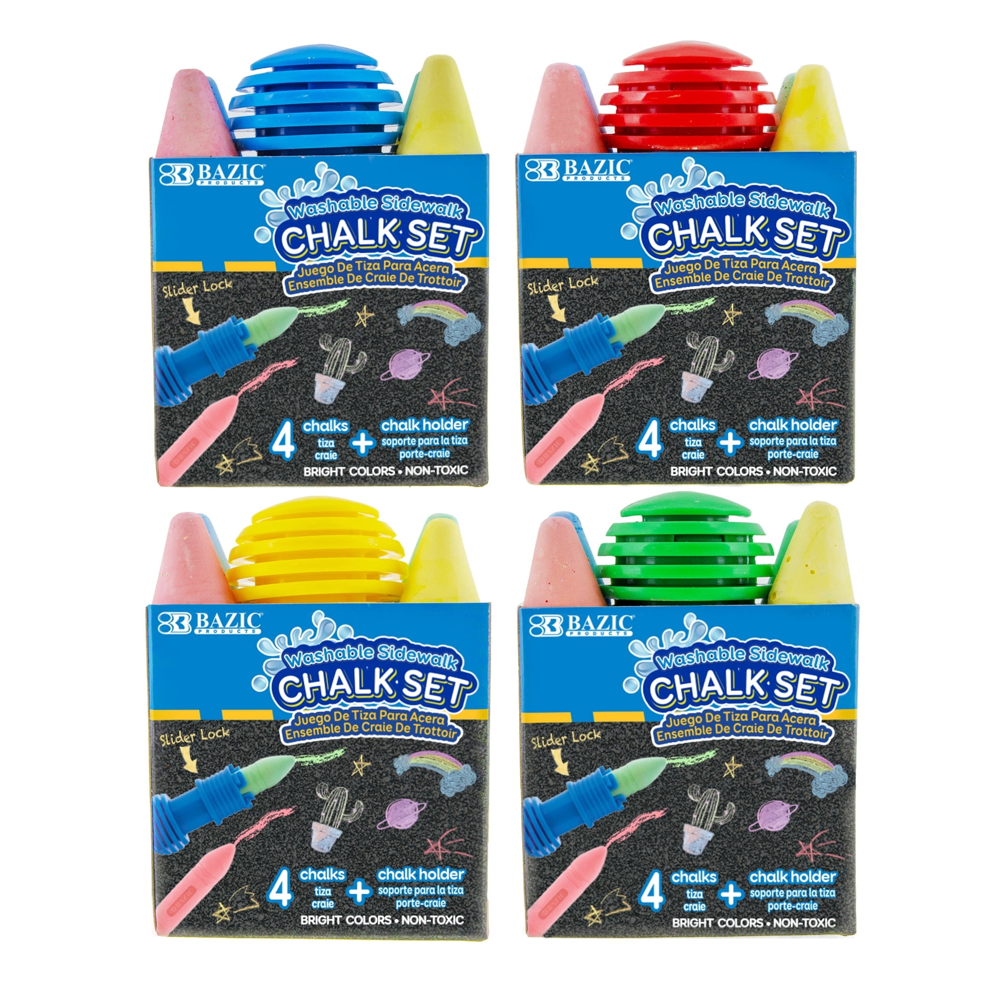 BAZIC Jumbo Sidewalk Chalks & Chalk Holders, 4 Colors Chalks with 1 Plastic Holder, Outdoor Fun Activity Art Coloring, 4-Packs