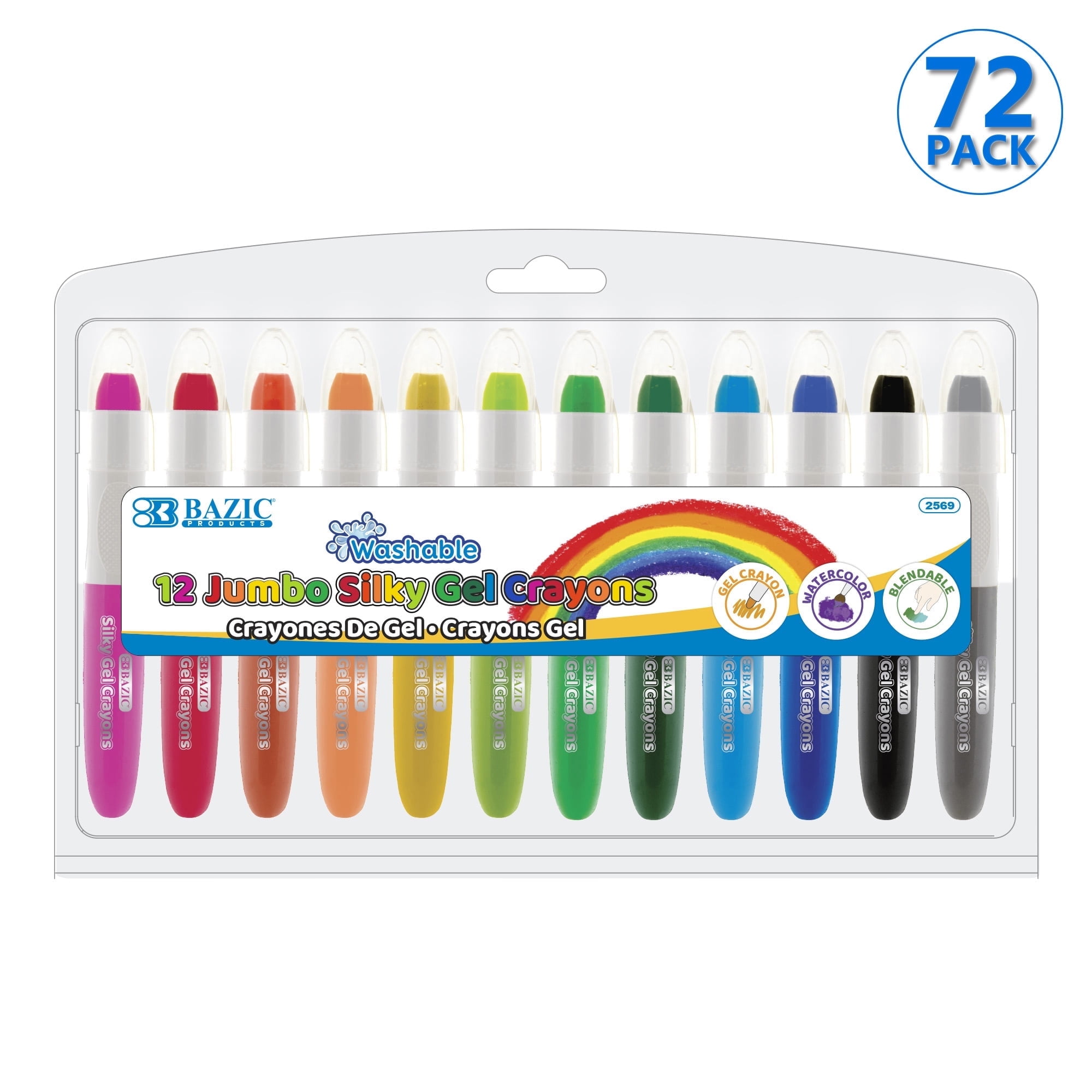 BAZIC Jumbo Silky Gel Crayons 12 Color, Washable Blendable Watercolor Crayon (12/Pack), 72-Packs