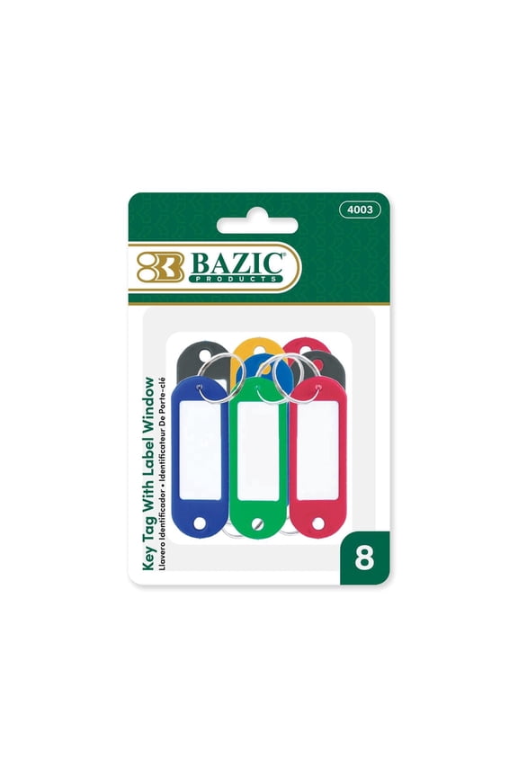 BAZIC Key Tag Label Window, Plastic Key Holder Key Ring (8/Pack), 1-Pack
