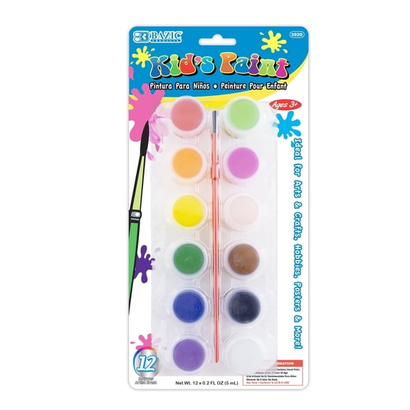 BAZIC Kids Paint Set 12 Colors 60ml Non-Toxic Vibrant Colors 1-Pack