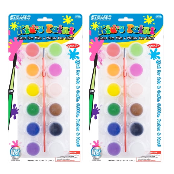 BAZIC 12-Color Washable Kids Paint Set with Brush