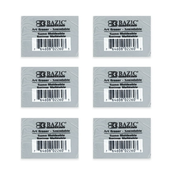 BAZIC Kneaded Eraser, Gray, Erasers for Artist, Drawing Sketching Brighten, 6-Pack