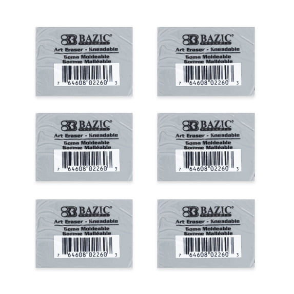 BAZIC Kneaded Eraser, Gray, Erasers for Artist, Drawing Sketching Brighten, 6-Pack