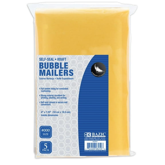 BAZIC Kraft Bubble Mailers #000 4"x7.25" Padded Cushion Envelope, 5-Count