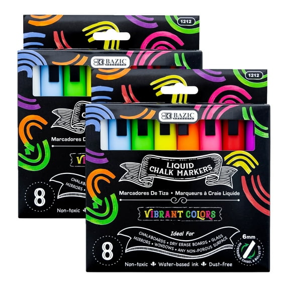 BAZIC Liquid Chalk Markers, 8 Colors, Erasable Chalkboard Markers, Reversible Tip for Chalkboards Blackboard Signs Windows Glass, 2-Pack