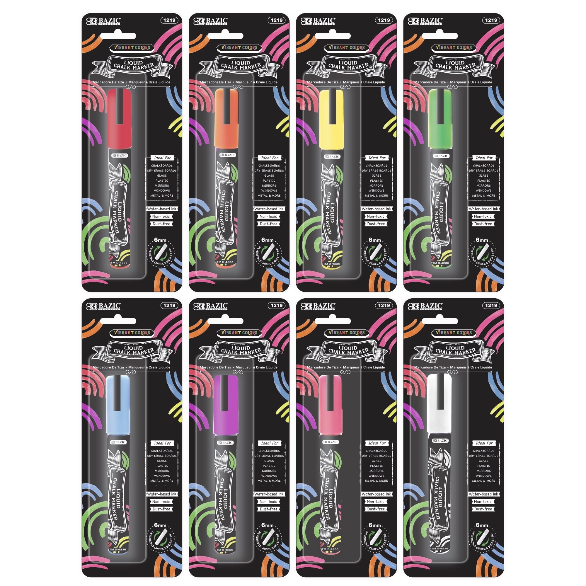 BAZIC Liquid Chalk Markers, 8 Colors Set, Erasable Chalkboard Markers, Reversible Tip for Chalkboards Blackboard Signs Windows Glass, 288-Pack
