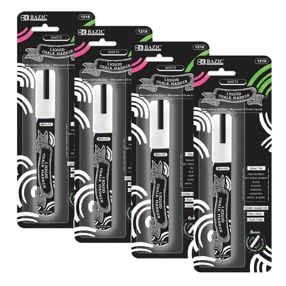 BAZIC Liquid Chalk Markers, White Color, Erasable Chalkboard Markers, Reversible Tip for Chalkboards Blackboard Signs Windows Glass, 4-Pack
