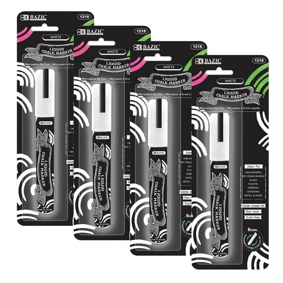 BAZIC Liquid Chalk Markers, White Color, Erasable Chalkboard Markers, Reversible Tip for Chalkboards Blackboard Signs Windows Glass, 4-Pack