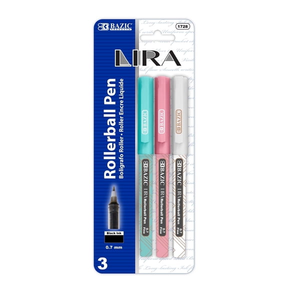 BAZIC Lira 0.7mm Rollerball Pen, Black Ink Fine Point Liquid Ink Pens (3/Pack), 1-Pack