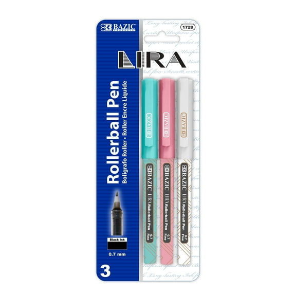 BAZIC Lira 0.7mm Rollerball Pen, Black Ink Fine Point Liquid Ink Pens (3/Pack), 1-Pack