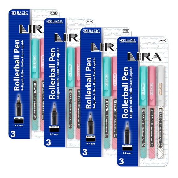 BAZIC Lira 0.7mm Rollerball Pen, Black Ink Fine Point Liquid Ink Pens (3/Pack), 4-Packs