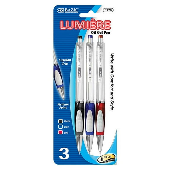 BAZIC Lumiere Assorted Color Oil-Gel Ink Retractable Pen w/ Grip (3/Pack)