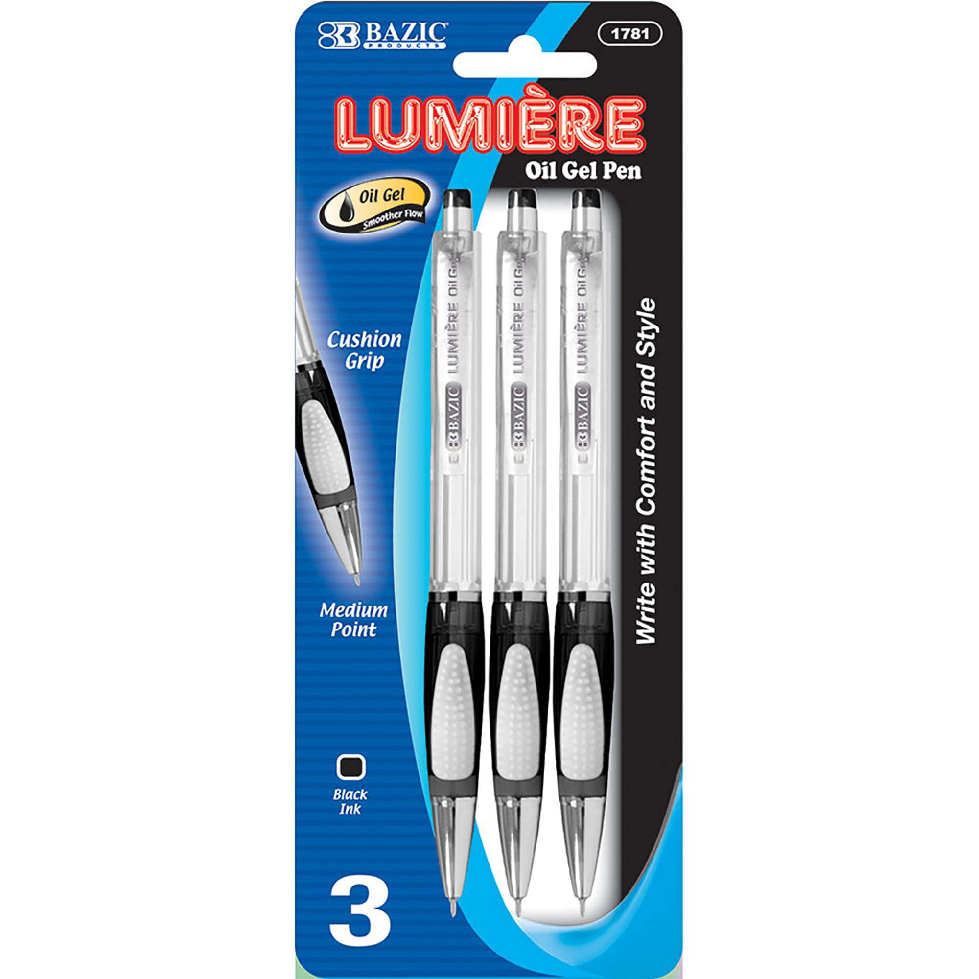 Bazic Optima Black Oil- Gel Ink Retractable Pen W / Grip (3 / Pack)