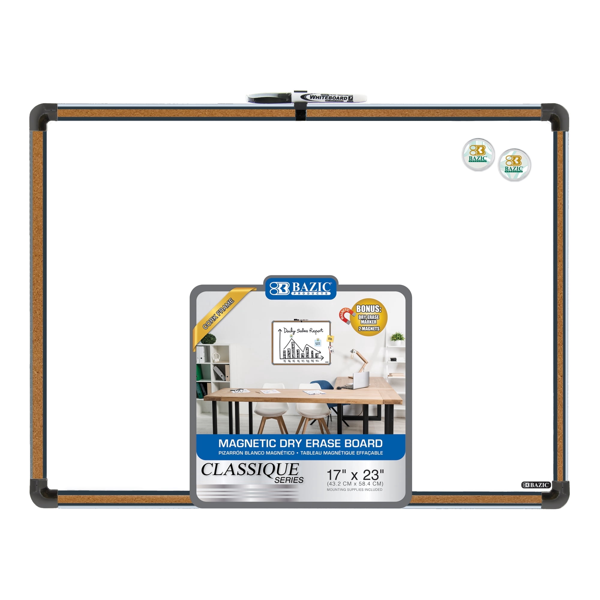 BAZIC Magnetic Dry Erase Board Black Cork Framed 17" X 23", Whiteboard Marker Magnets, 6-Pack