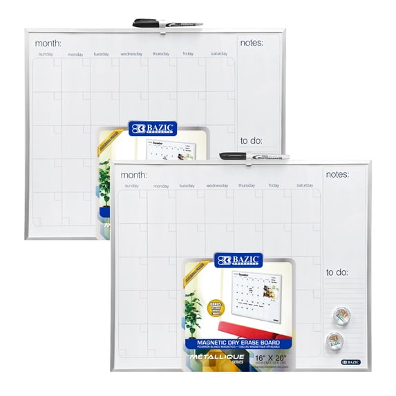 BAZIC Magnetic Dry Erase Calendar Board Aluminium Frame 16"x20", 2-Packs