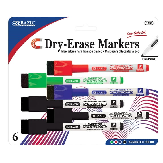 BAZIC Magnetic Dry Erase Marker, Fine Tip Color Whiteboard Markers (6/Pack), 1-Pack
