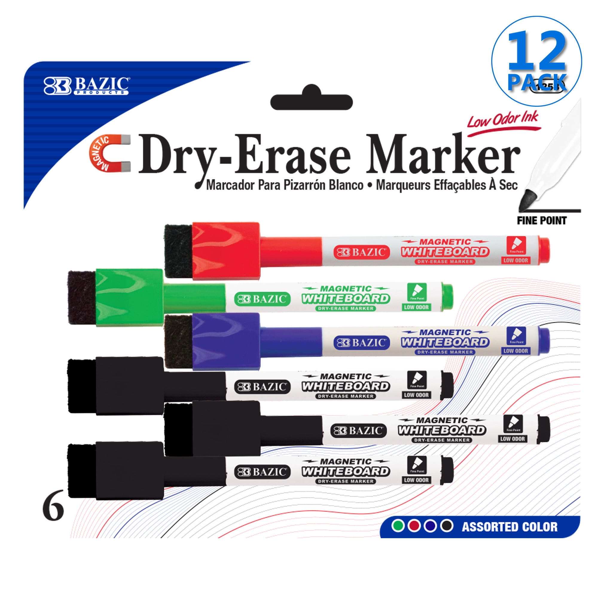 BAZIC Dry Erase Marker, Fine Tip Color Whiteboard Markers (6