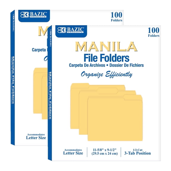 BAZIC Manila File Folder 1/3 Cut Letter Size 11 5/8" x 9 /2", Total 200-Count