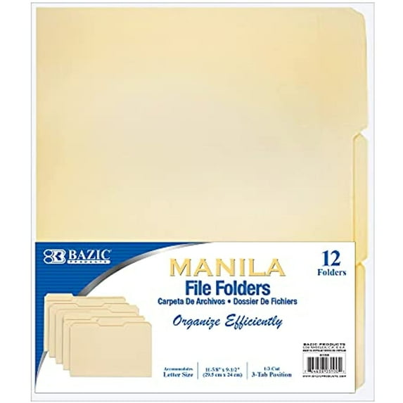 BAZIC Manila File Folder 1/3 Cut Letter Size, Left Right Center Tabs, 12-Count