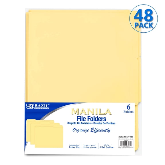 BAZIC Manila File Folder 1/3 Cut Letter Size, Left Right Center Tabs, 288-Count