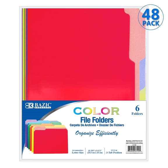 BAZIC Manila File Folder 1/3 Cut Letter Size, Left Right Center Tabs, 288-Count