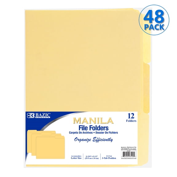 BAZIC Manila File Folder, 1/3-Cut Tab, Letter, 12 Ct