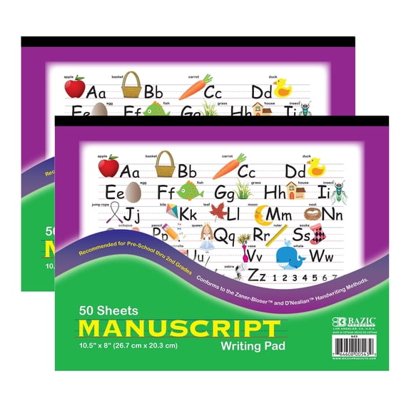 BAZIC Manuscript Writing Pad 50 Sheet 10.5"x8" Handwriting Workbook, 2-Pack