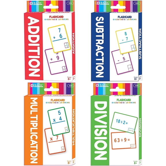 BAZIC Math Flash Cards 4 Pack Addition, Subtraction, Multiplication & Division, 36 Cards Each