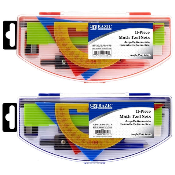 BAZIC Math Geometry Set 11 Pieces for Students, Storage Box, 2-Pack