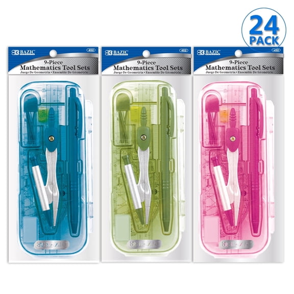 BAZIC Math Geometry Set 9 Pieces for Students, Storage Box, 24-Pack