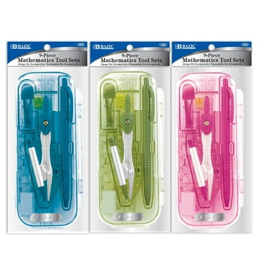 BAZIC Math Geometry Set 9 Pieces for Students, Storage Box, 3-Pack